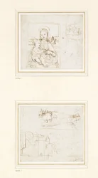 Esquisse de paysage avec une brève étude de la tête de la Vierge Marie tournée vers la gauche, 1500-1504 (plume et encre brune sur métalpoint sur papier blanc)